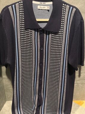 Men's Navy Short-Sleeve Button Down Polo with Blue & White Stripes